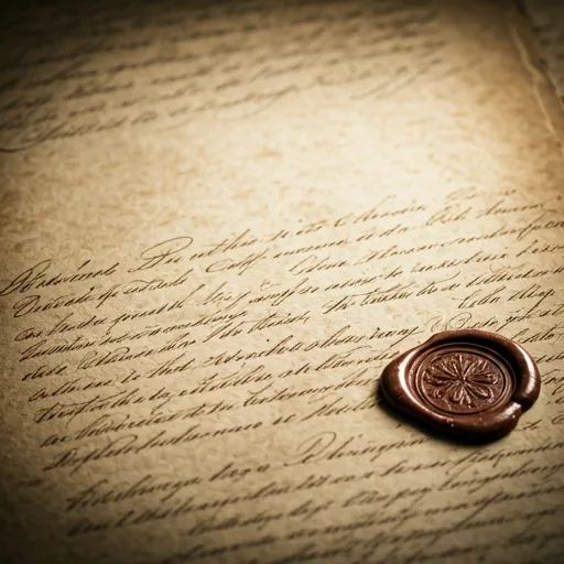 A vintage historical document with elegant calligraphy and an old wax seal on aged parchment