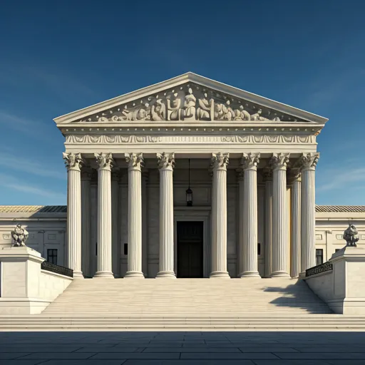 Architectural detail of classical pediment and columns of a courthouse