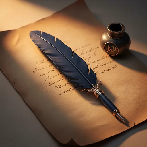 A traditional ink quill resting on parchment paper with warm, soft lighting